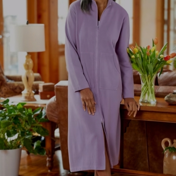 Womens Mini-rib-knit Cotton Zip Front Robe Lavender Size Small